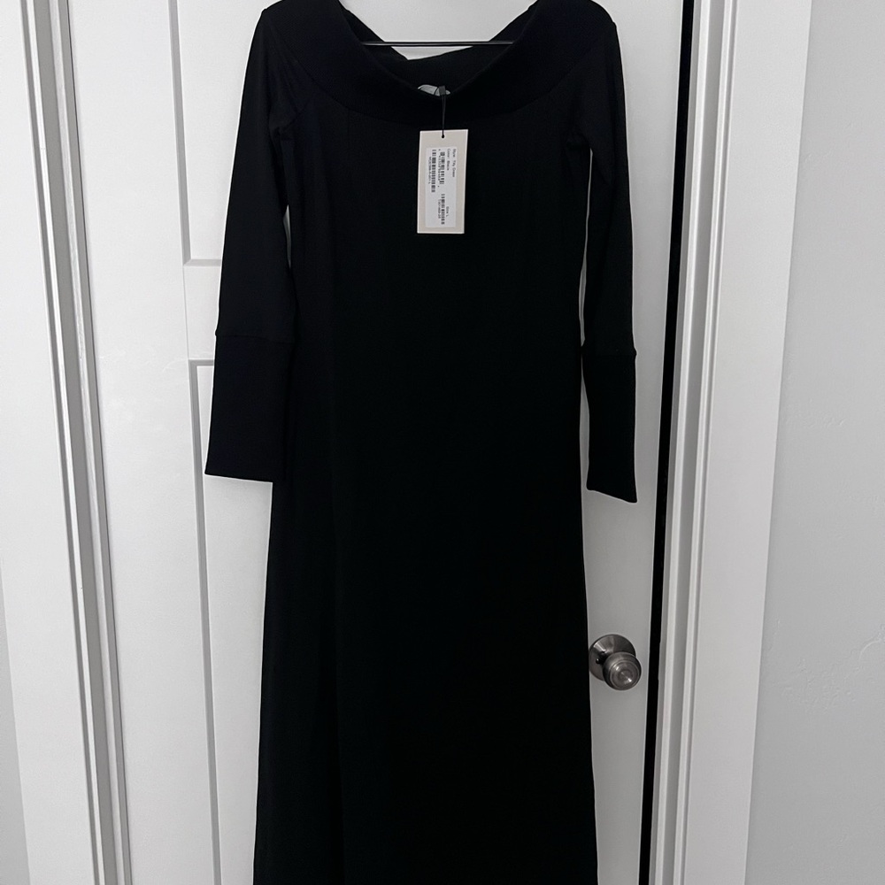 Marcella NYC Women's Black Midi Off the Shoulder Dress with Long Sleeves